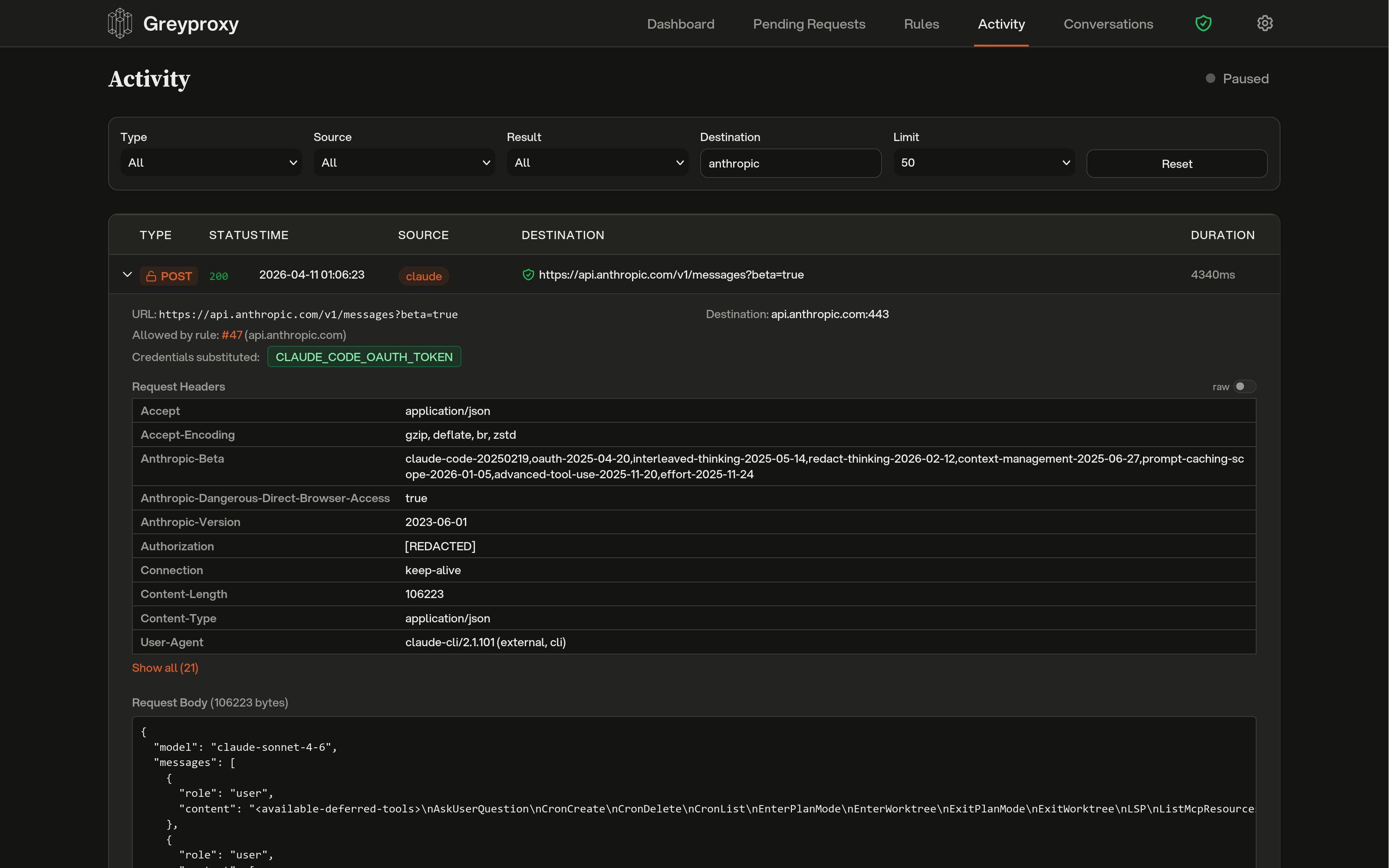 Redacted headers in activity view